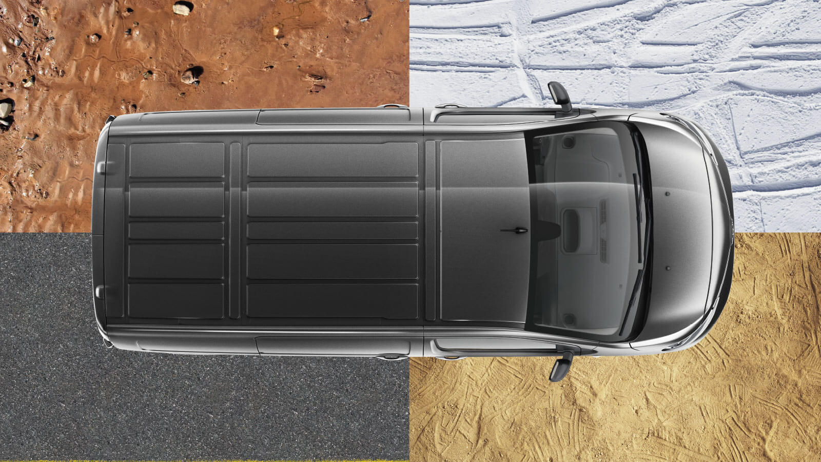 Vista aerea del Toyota ProAce sobre diferentes texturas de suelo